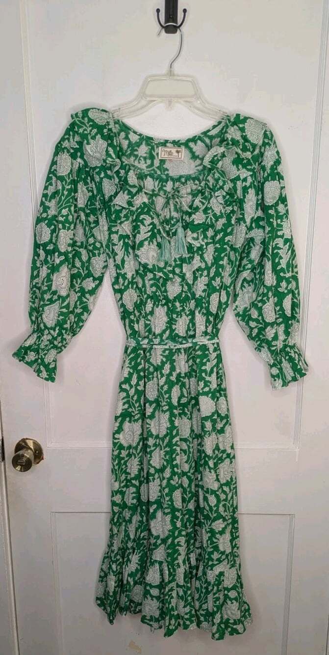 MILLE June Midi Dress Green Zinnia Floral Print Ruffle Cotton Puff Sleeve XXS